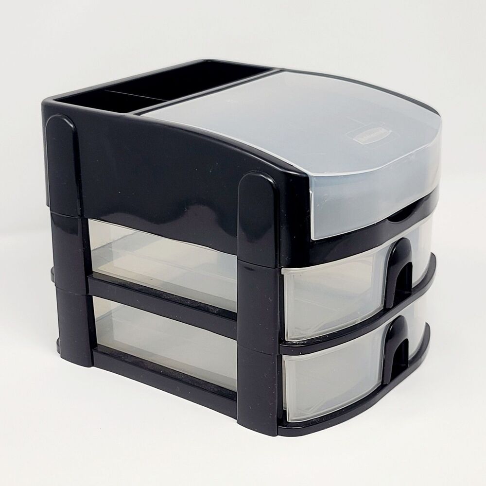 Vintage RUBBERMAID 2 Drawer Desktop Organizer Tower Black‎ Clear RARE 7x8x6.5 In